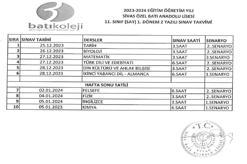 2023-2024 EĞİTİM ÖĞRETİM YILI 1.DÖNEM 2. YAZILI TARİHLERİ 